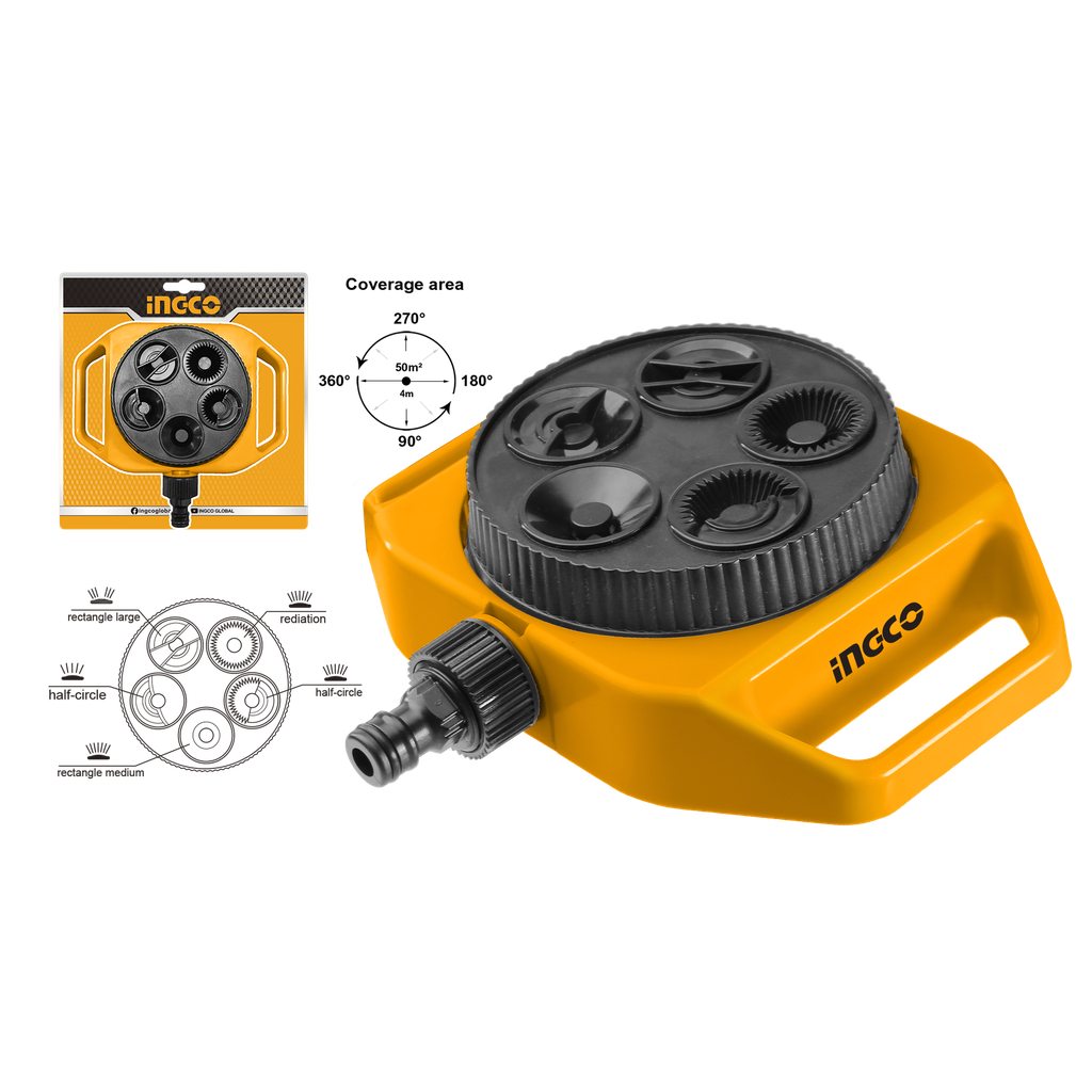 Ingco 5 in 1 Plastic Turret Sprinkler – Ref: hps33061---ingco-5-in-1-plastic-turret-sprinkler