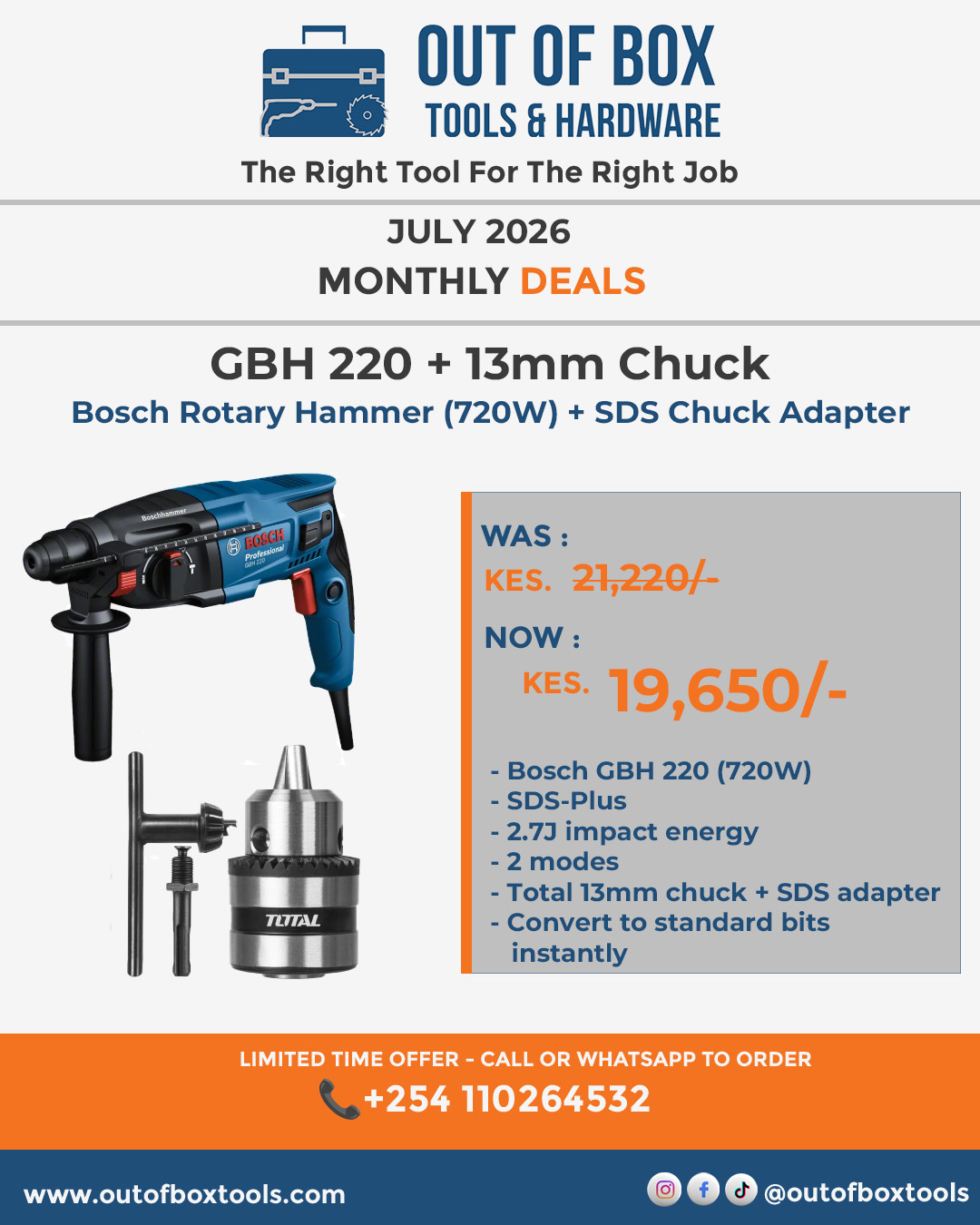 Bosch Rotary Hammer + Total Chuck (With SDS Adapter) – Ref: gbh220---bosch-rotary-hammer--total-chuck-with-sds-adapter