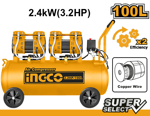 Ingco 100L Silent and Oil-free Air Compressor – Ref: acs2241001---ingco-100l-silent-and-oil-free-air-compressor