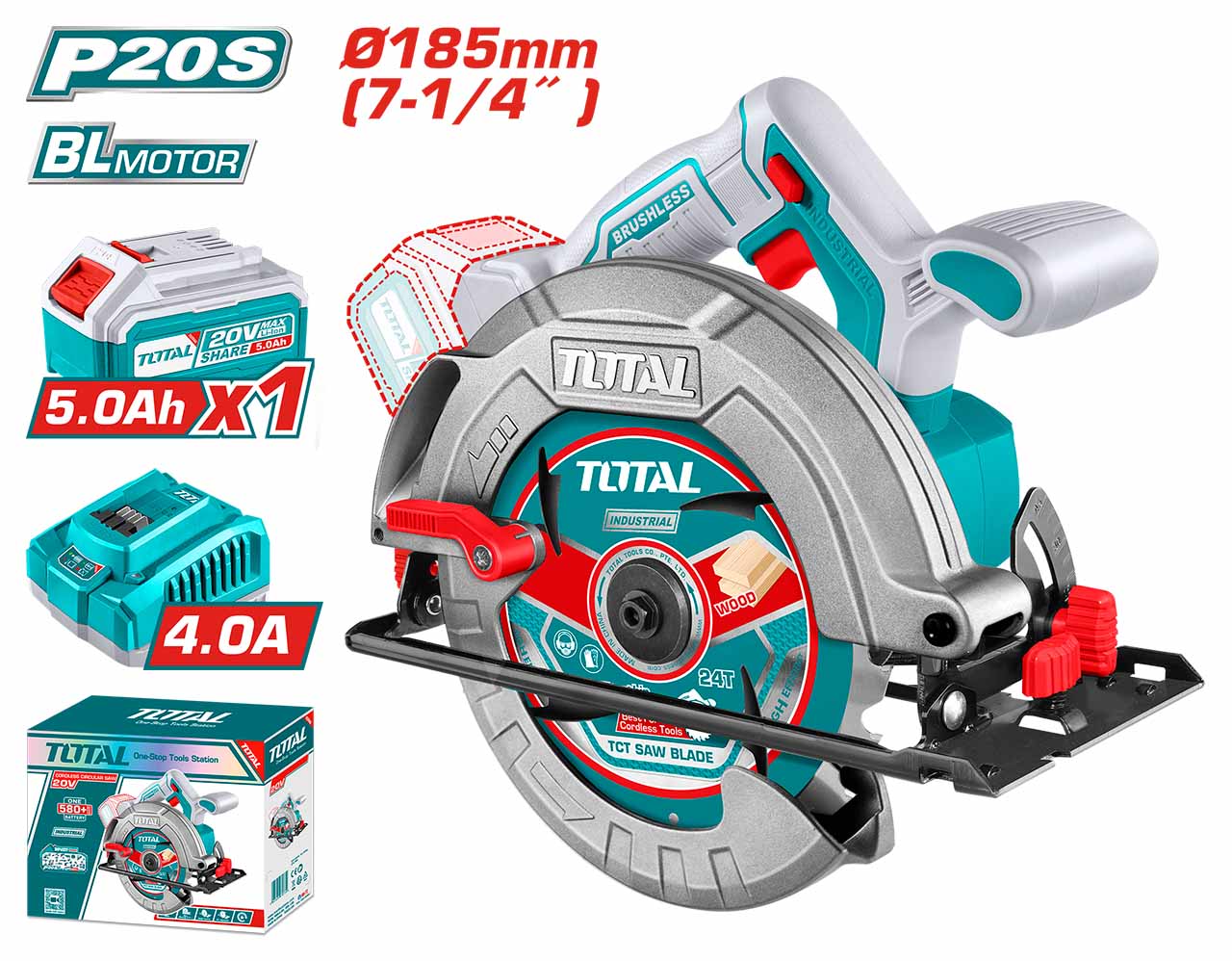 Total Cordless Circular Saw (20V) (WIth Battery and Charger) – Ref: tsli18513---total-cordless-circular-saw-20v-with-battery-and-charger